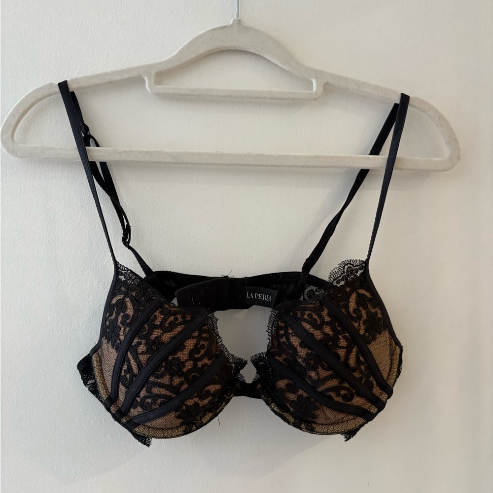 La Perla Black Lace Overlay Bra on Nude Base 34B